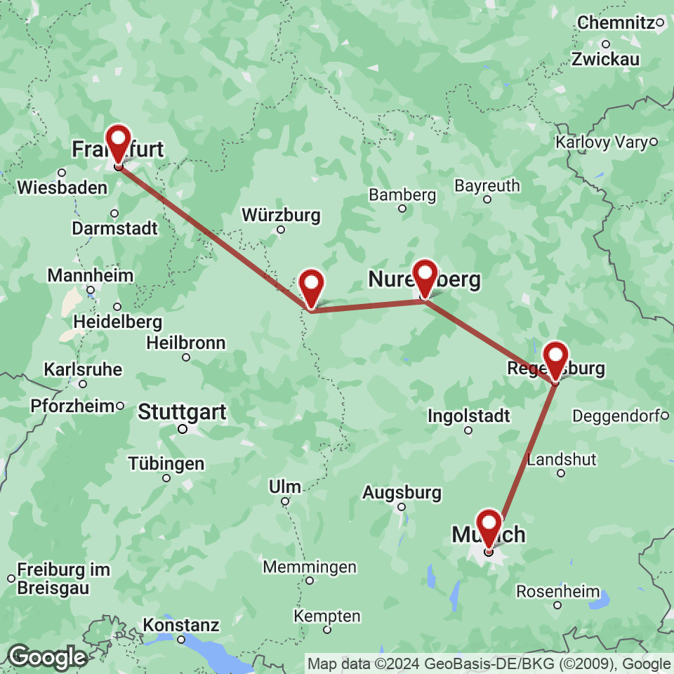 Route for Munich, Regensburg, Nuremberg, Rothenburg, Frankfurt tour